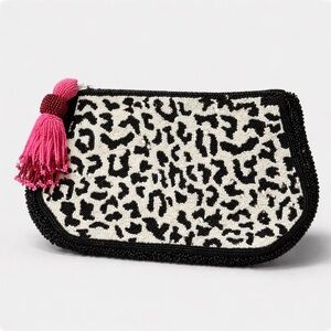Anthropologie Black & White Beaded Leopard Clutch with Pink Tassel